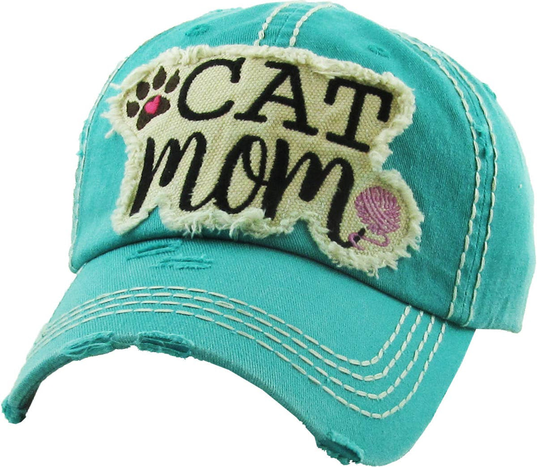 Cat Mom Washed Vintage Ball Cap: Teal