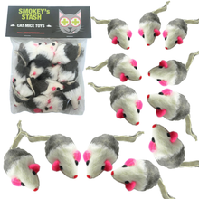 Load image into Gallery viewer, Smokey&#39;s Stash Gray &amp; White Faux Fur Cat Mice Toy 12 Pack

